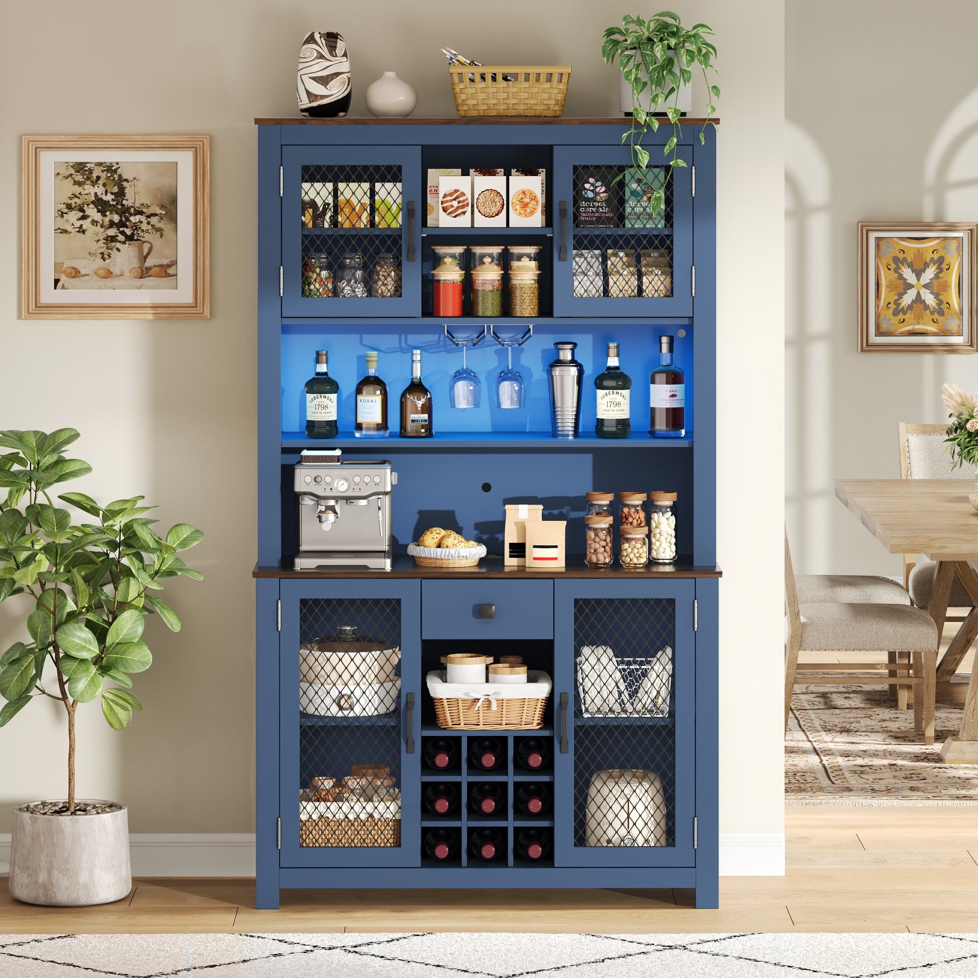 Kitchen Pantry Cabinet with Shelves & LED Lights – Rustic Storage Hutch (Blue)