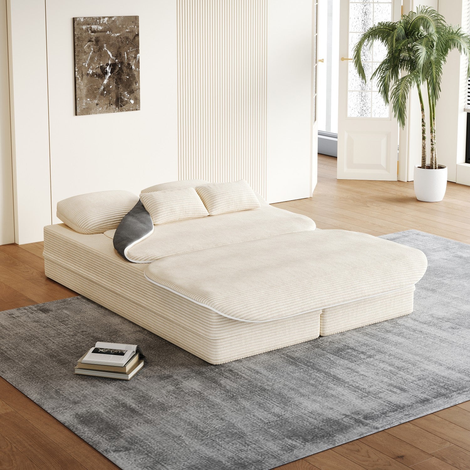 2-in-1 Foldable Corner Sofa Bed – Modern Corduroy Modular Convertible Lounge