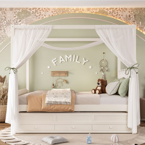 Twin Princess Canopy Bed Frame with Trundle & Storage Drawers