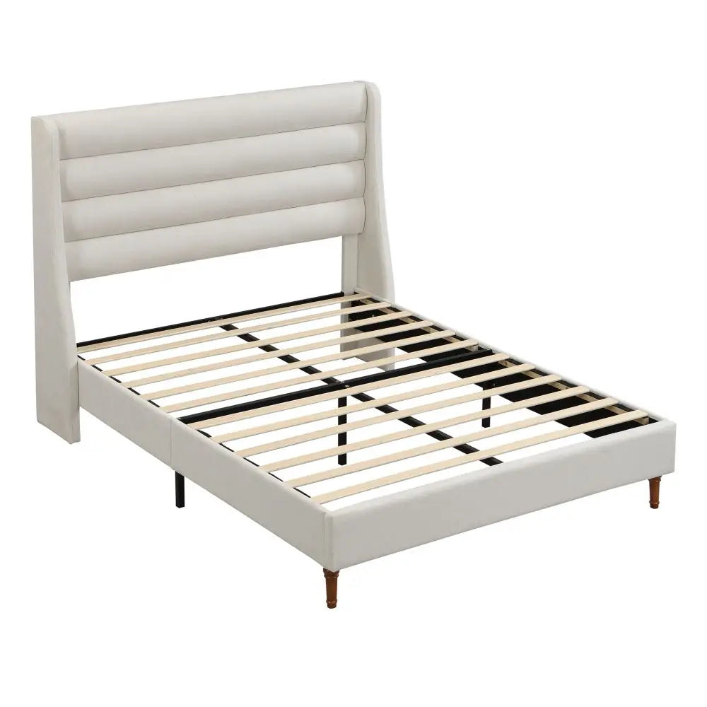 Elegant Cream Chenille Queen Size Platform Bed Frame with Padded Headboard