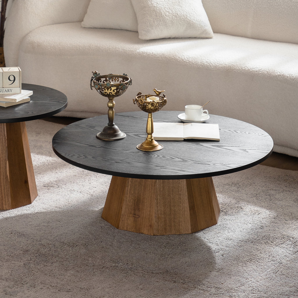 Round Pedestal Coffee Table with Dark Wood Top – 35” Contemporary Living Room Table