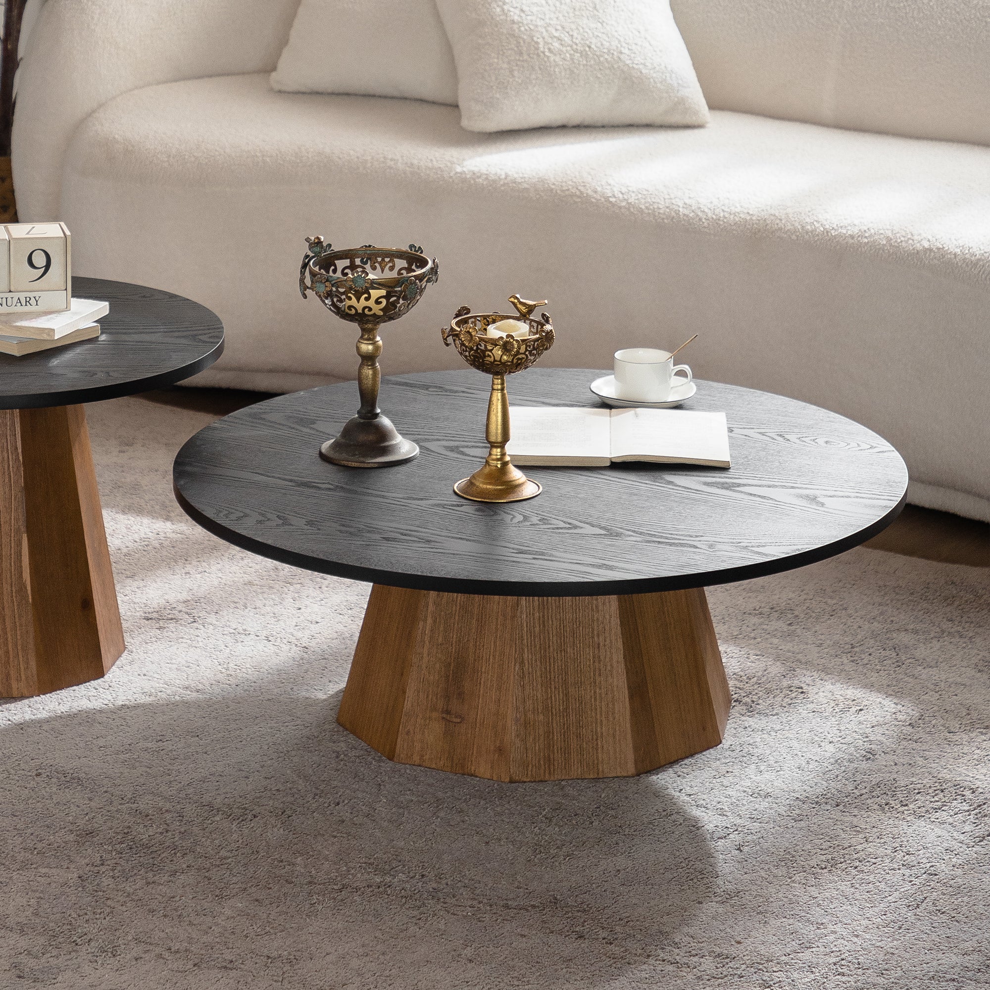 Round Pedestal Coffee Table with Dark Wood Top – 35” Contemporary Living Room Table