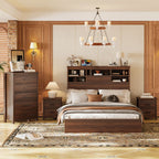 Modern Walnut 4-Piece Queen Bedroom Set with Storage Headboard