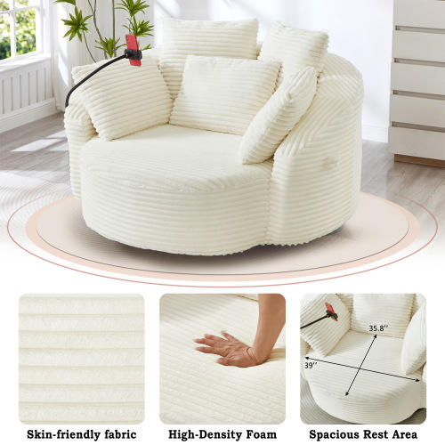 360° Swivel Corduroy Barrel Chair with Phone Holder & 5 Pillows