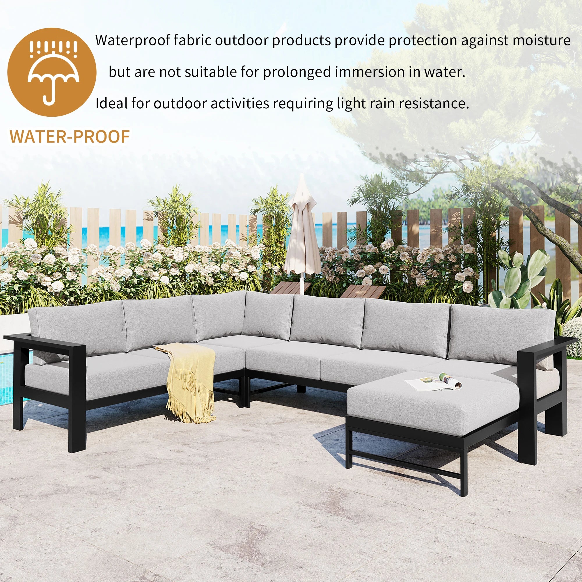 L-Shaped Outdoor Patio Sectional Sofa Set with Ottoman – Gray Cushions