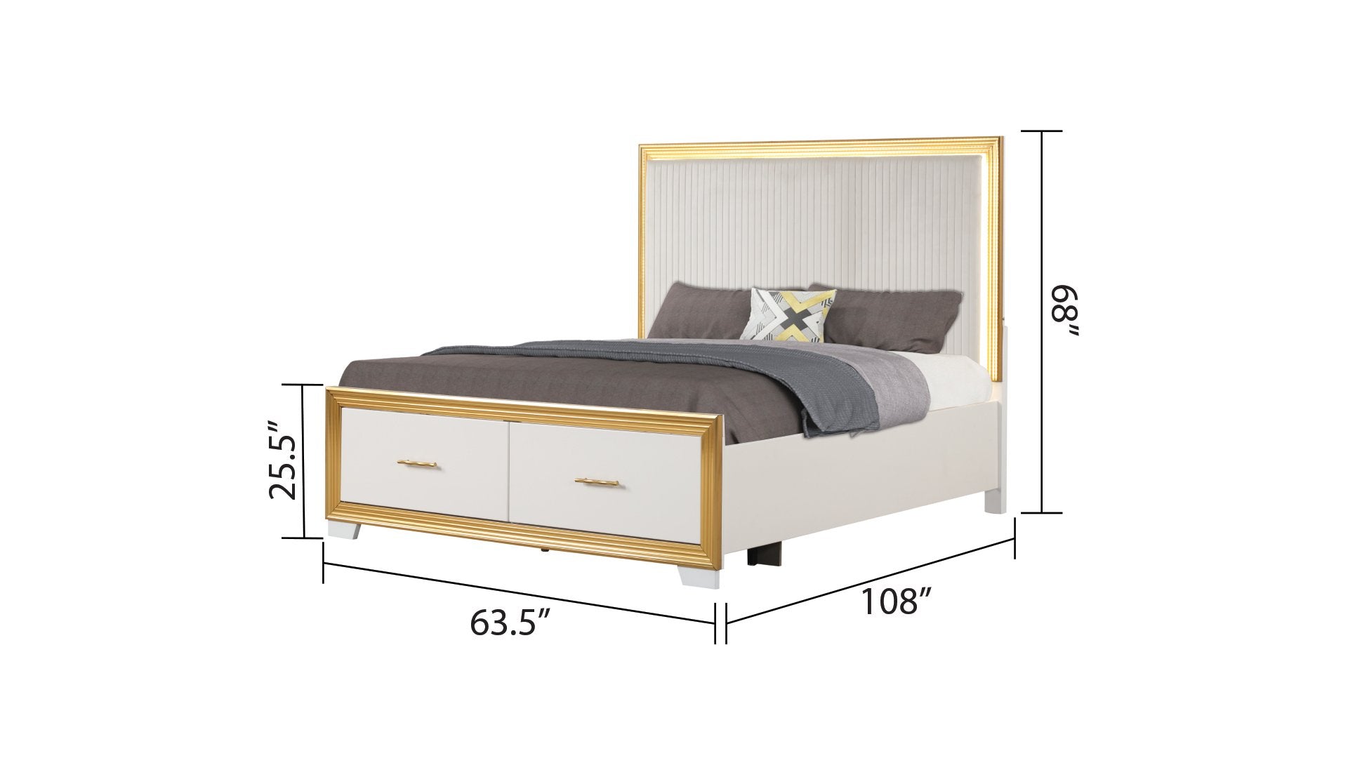 White & Gold LED Queen Bedroom Set – Bed, Dresser, Mirror & Nightstand