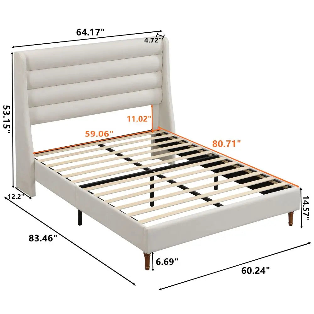 Elegant Cream Chenille Queen Size Platform Bed Frame with Padded Headboard