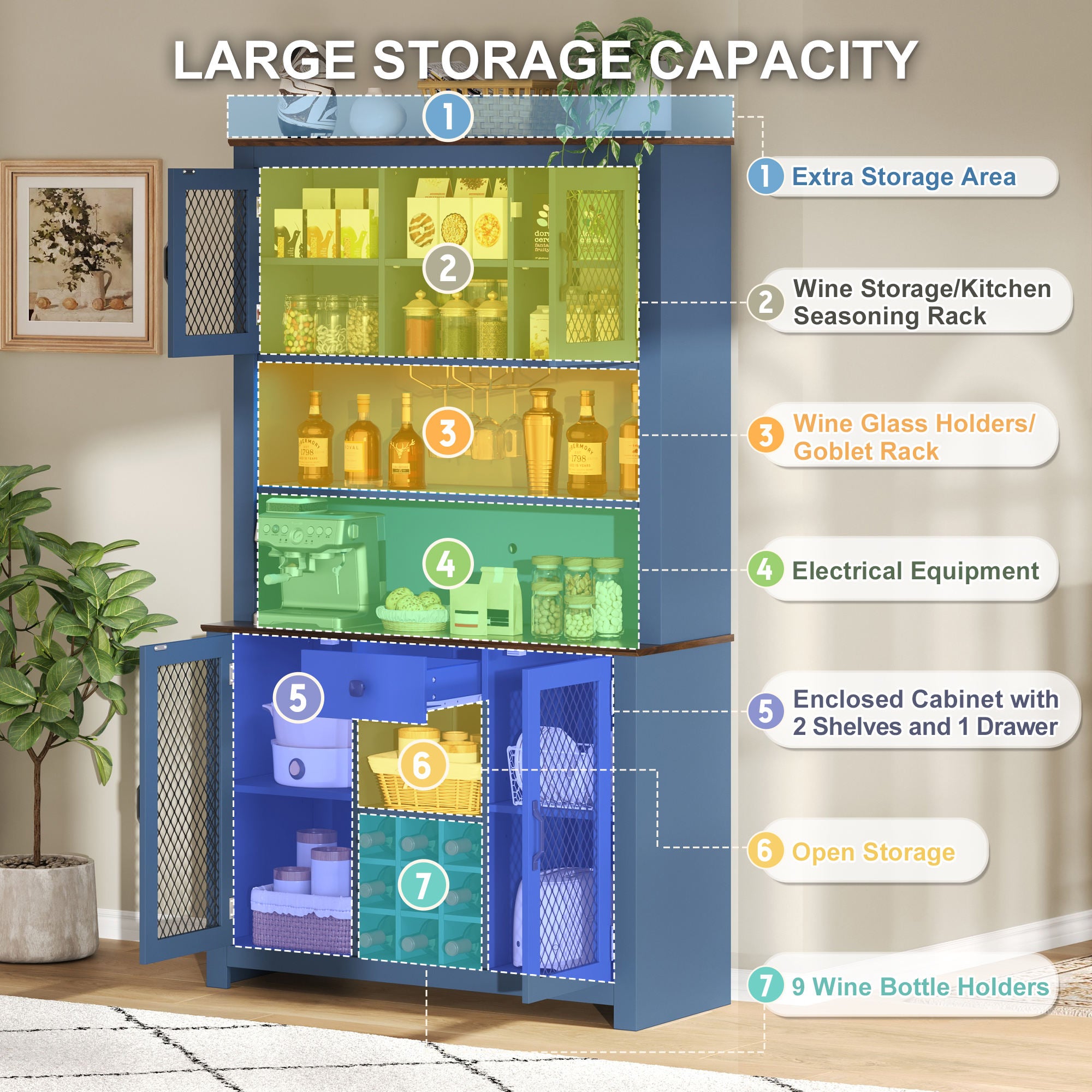 Kitchen Pantry Cabinet with Shelves & LED Lights – Rustic Storage Hutch (Blue)