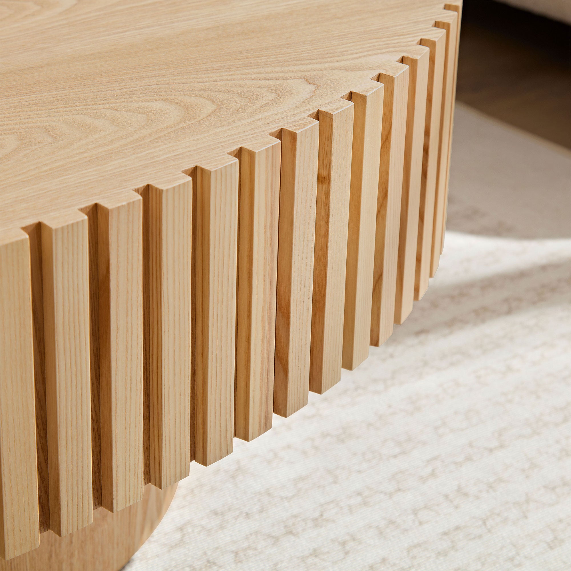 Natural Wood Fluted Coffee Table – Modern Oval Drum Coffee Table for Living Room