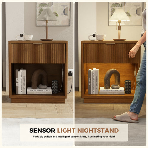 2 Fluted Wooden Nightstand with Sensor LED Light & Charging Station