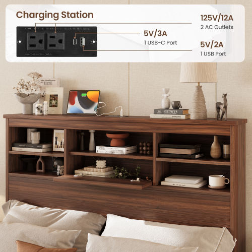 Modern Walnut 4-Piece Queen Bedroom Set with Storage Headboard