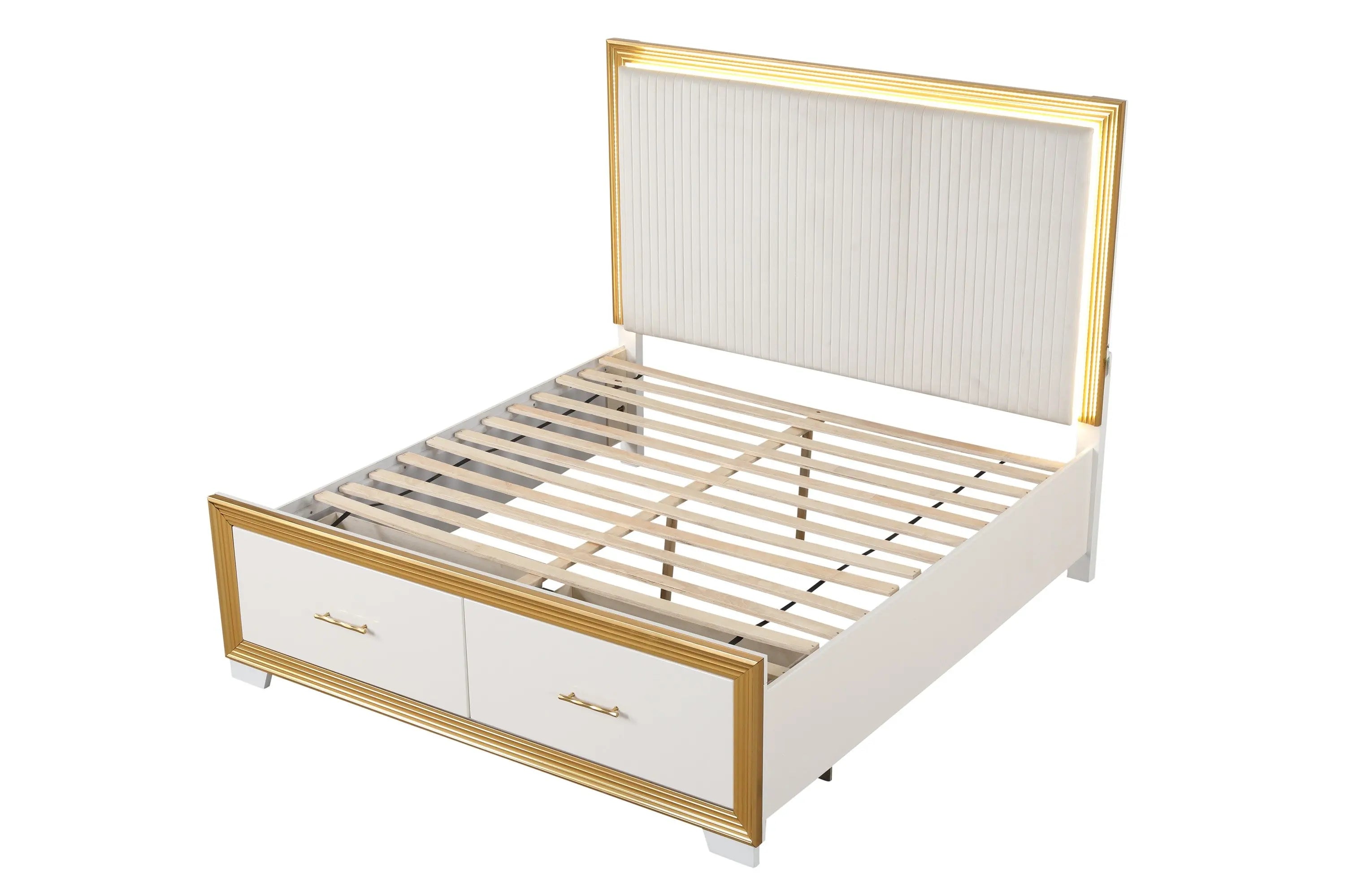 White & Gold LED Queen Bedroom Set – Bed, Dresser, Mirror & Nightstand