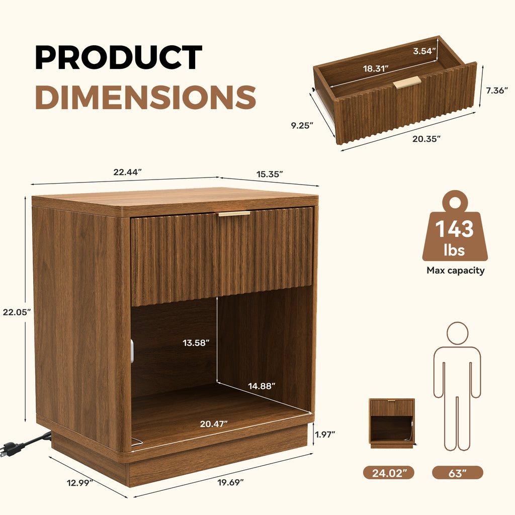 2 Fluted Wooden Nightstand with Sensor LED Light & Charging Station