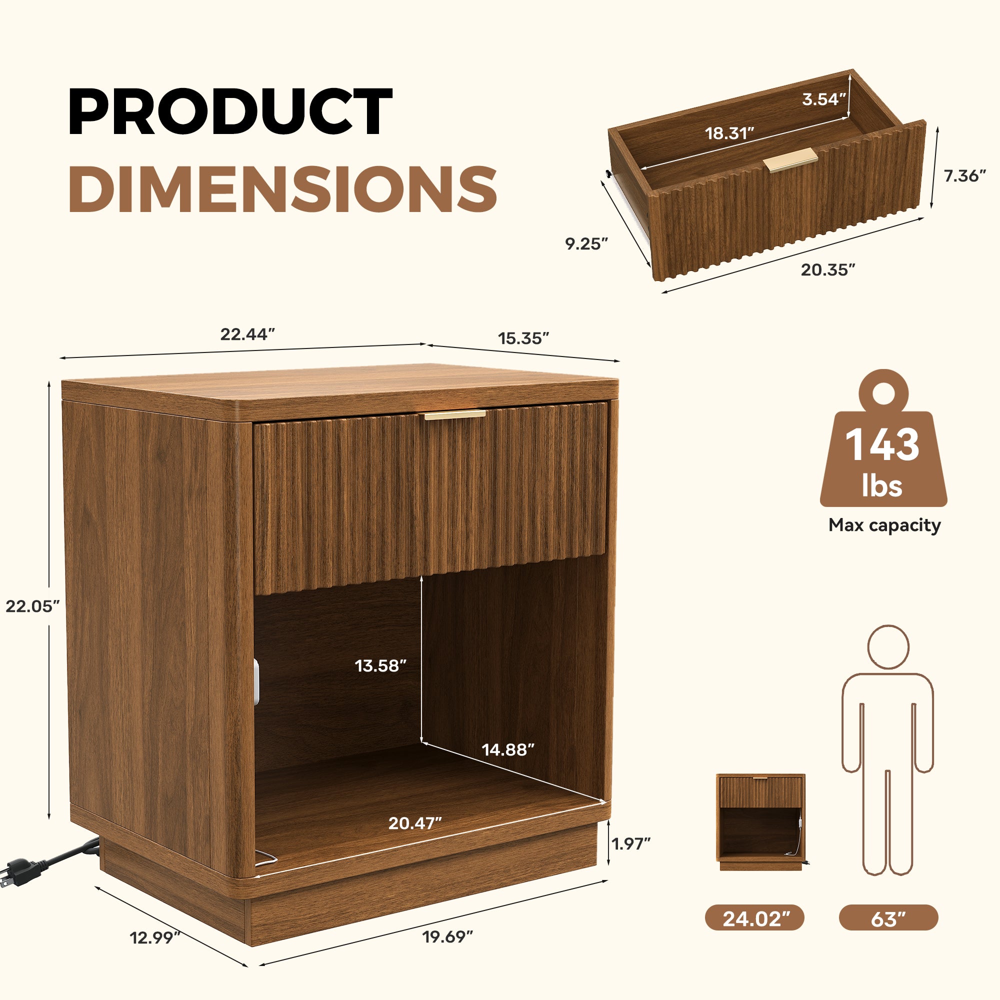 2 Fluted Wooden Nightstand with Sensor LED Light & Charging Station