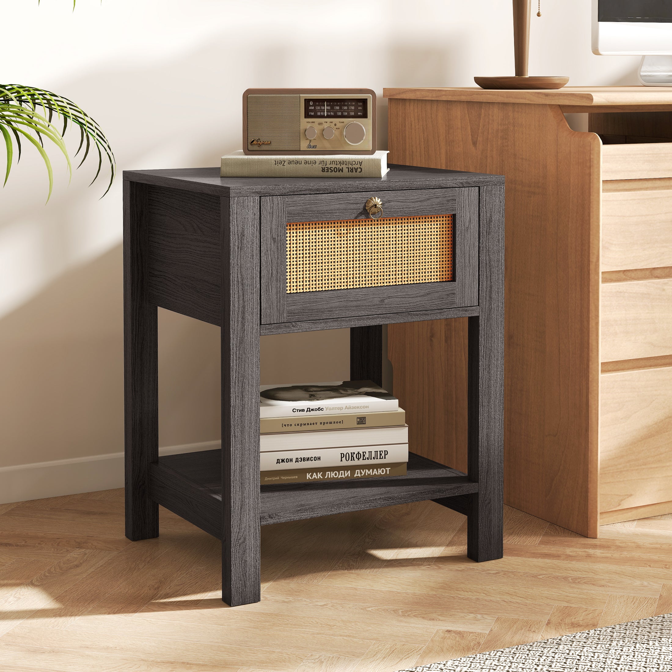 2 Wooden Nightstand with Rattan Drawer & Open Shelf Storage