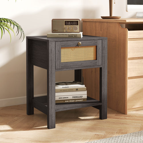 2 Wooden Nightstand with Rattan Drawer & Open Shelf Storage