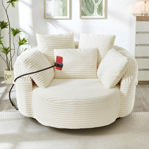 360° Swivel Corduroy Barrel Chair with Phone Holder & 5 Pillows