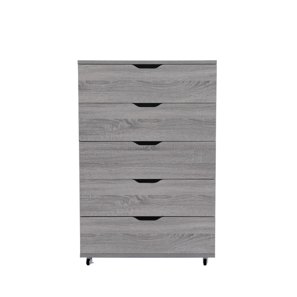 Modern Gray 5-Drawer Dresser with Wheels – Space Saving Storage