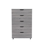 Modern Gray 5-Drawer Dresser with Wheels – Space Saving Storage