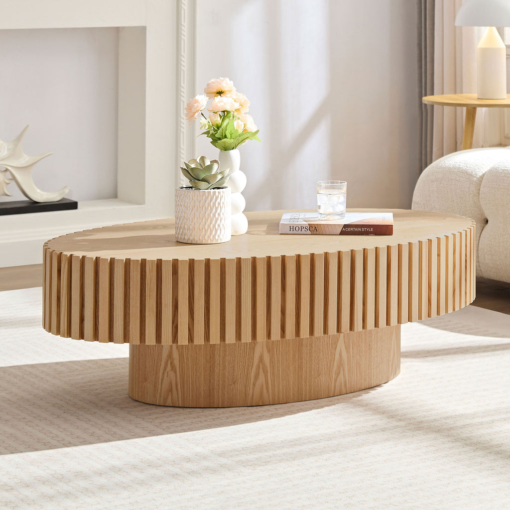 Natural Wood Fluted Coffee Table – Modern Oval Drum Coffee Table for Living Room