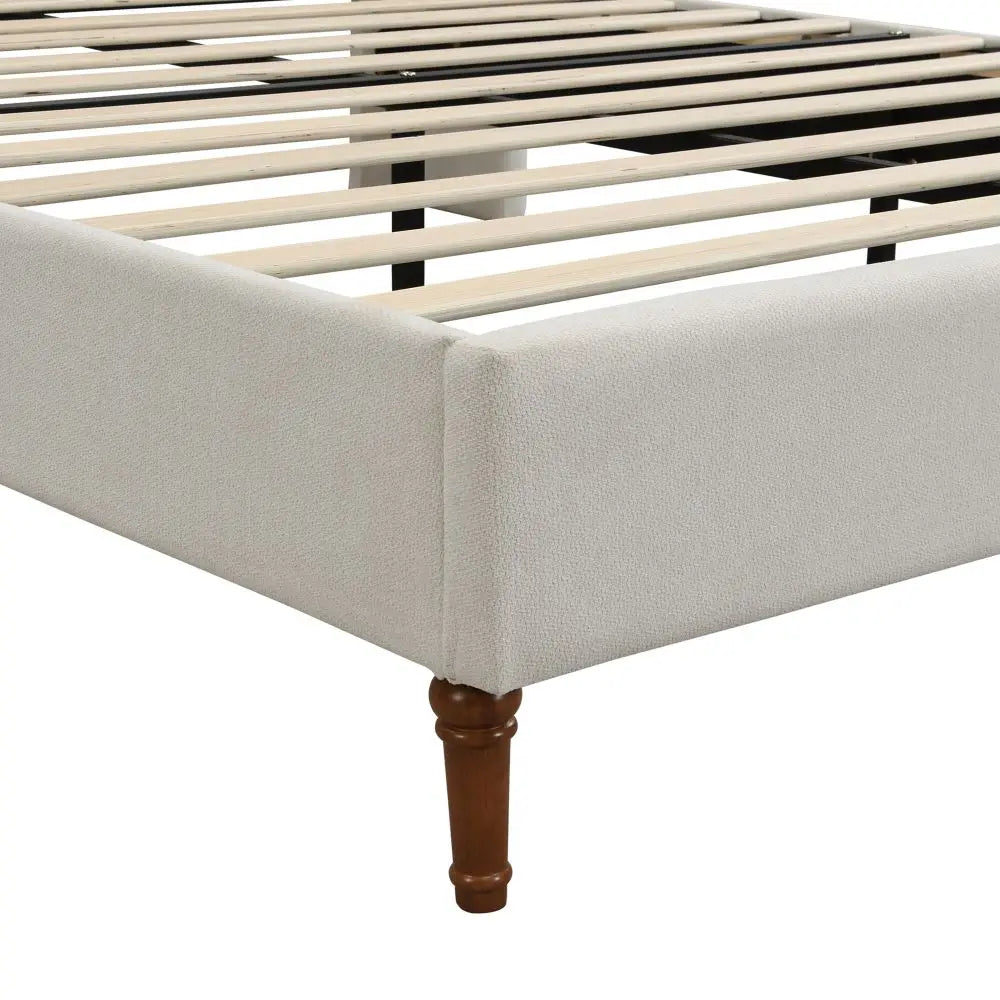 Elegant Cream Chenille Queen Size Platform Bed Frame with Padded Headboard