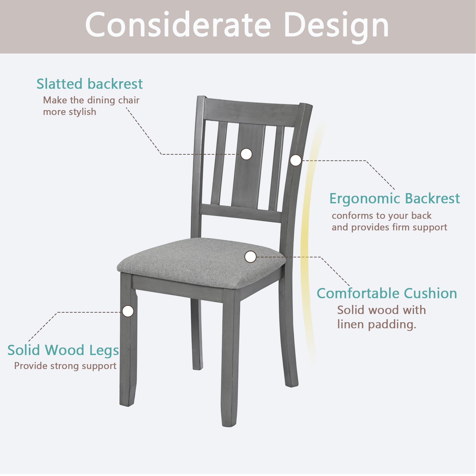 Gray Solid Wood Dining Chairs Set of 4 – Modern Upholstered Kitchen Chairs