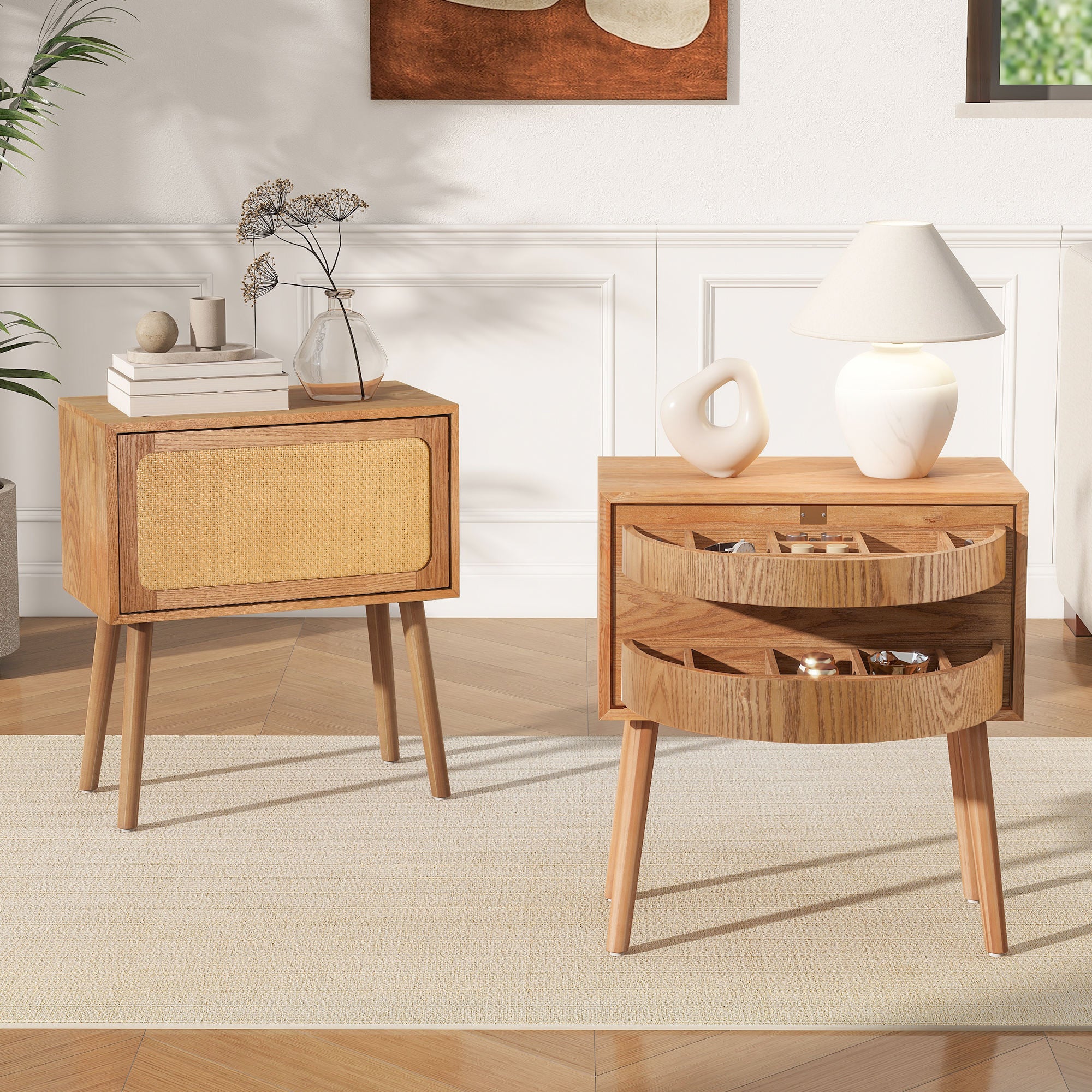 Natural Modern Wood Nightstand with Hidden Storage – Rotating Compartment Side Table (2)