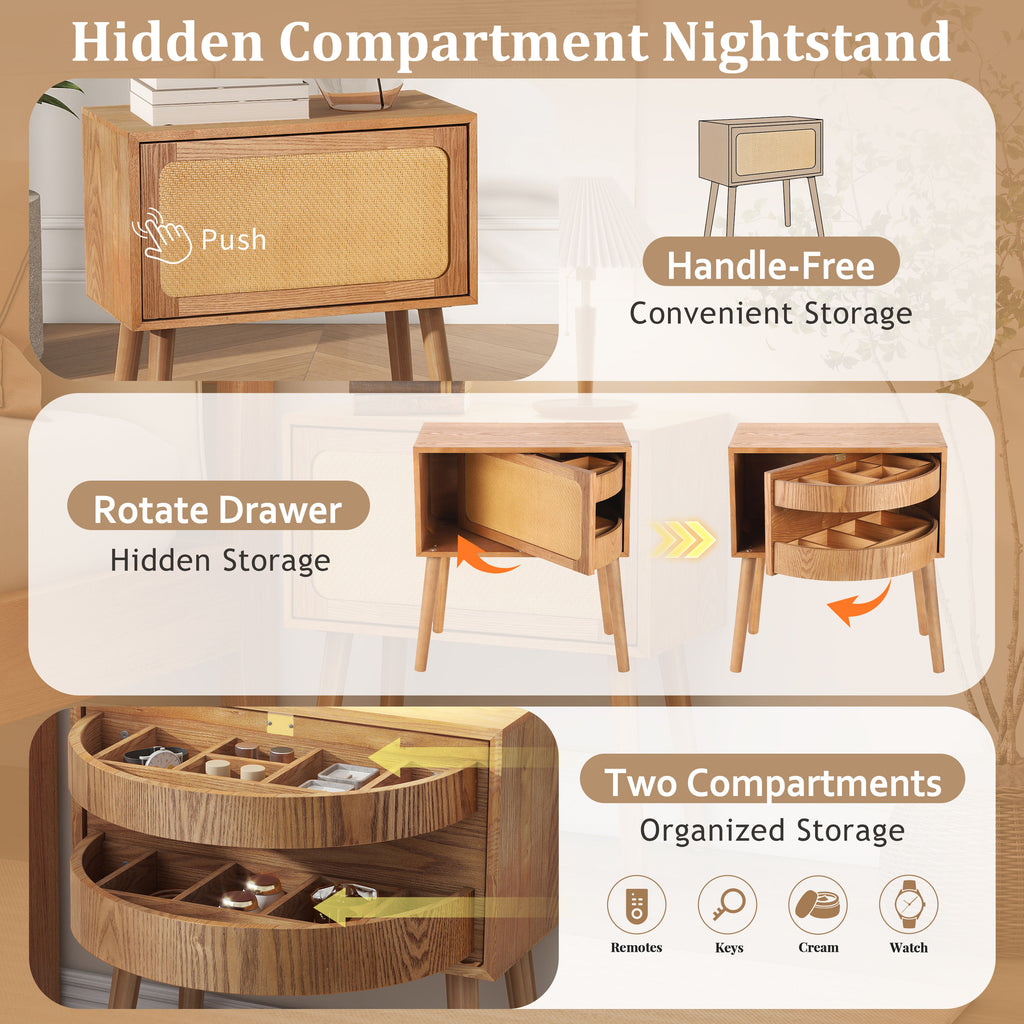 Natural Modern Wood Nightstand with Hidden Storage – Rotating Compartment Side Table (2)