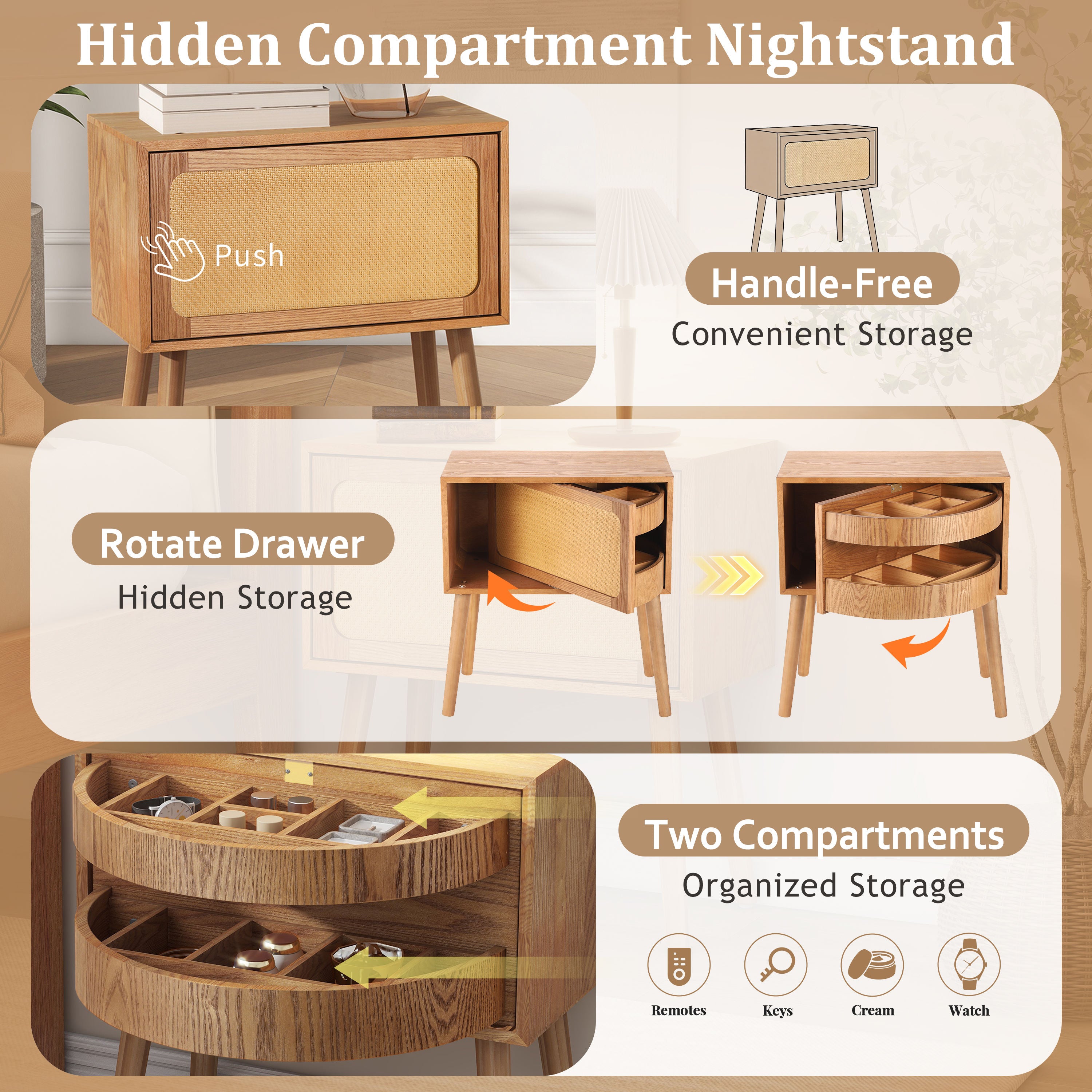 Natural Modern Wood Nightstand with Hidden Storage – Rotating Compartment Side Table (2)