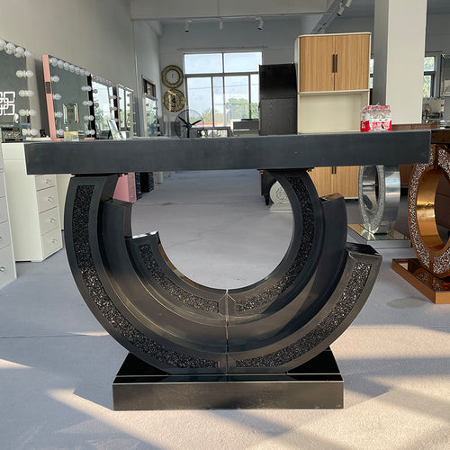 Black Mirrored Diamond Crush Crescent Console Table – Glam Entryway Sofa Table