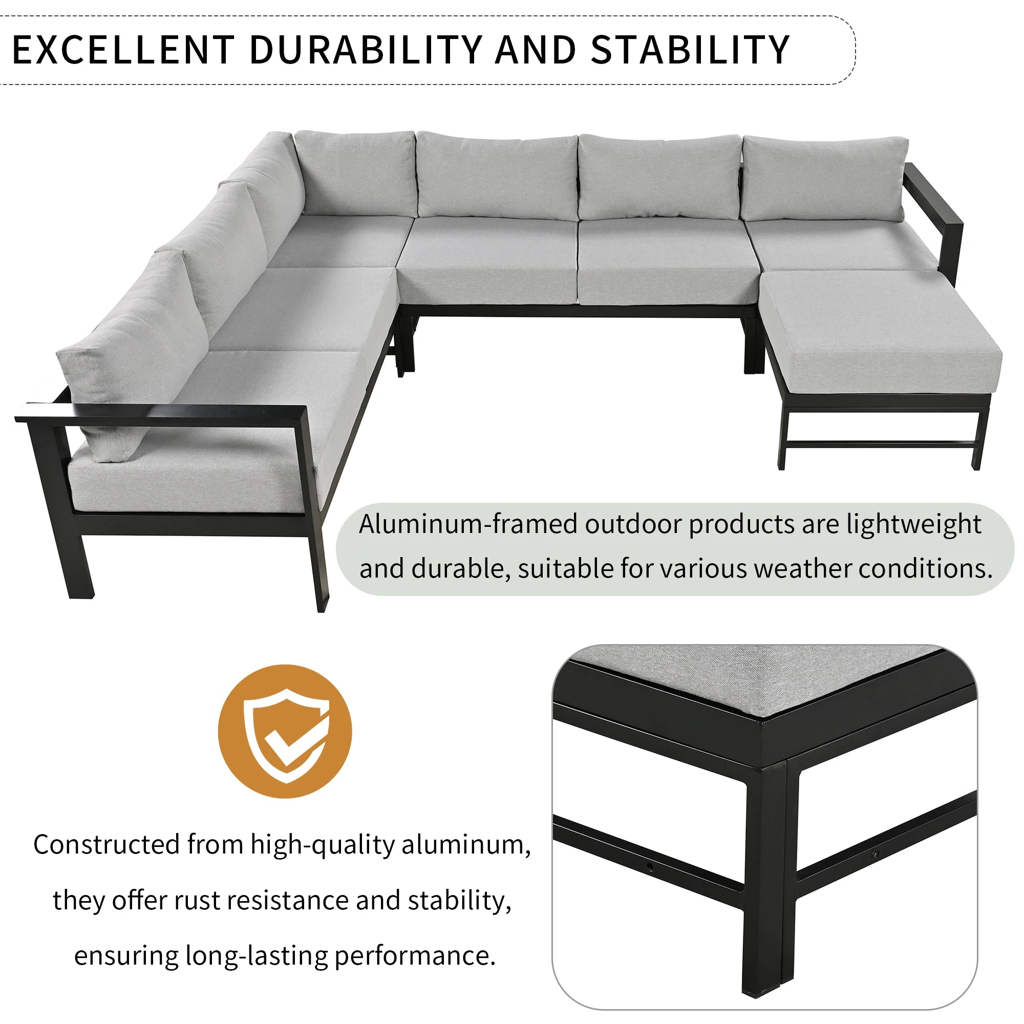 L-Shaped Outdoor Patio Sectional Sofa Set with Ottoman – Gray Cushions