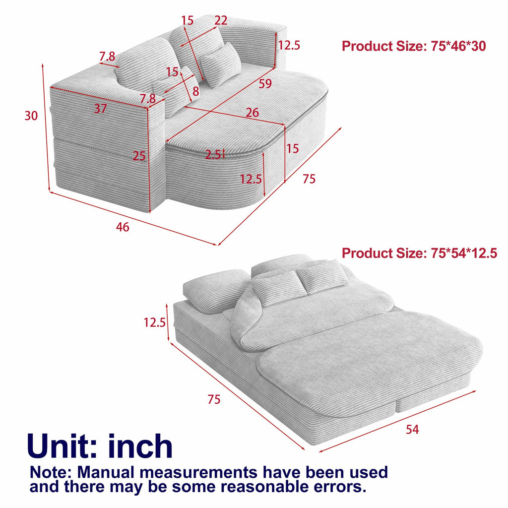 2-in-1 Foldable Corner Sofa Bed – Modern Corduroy Modular Convertible Lounge