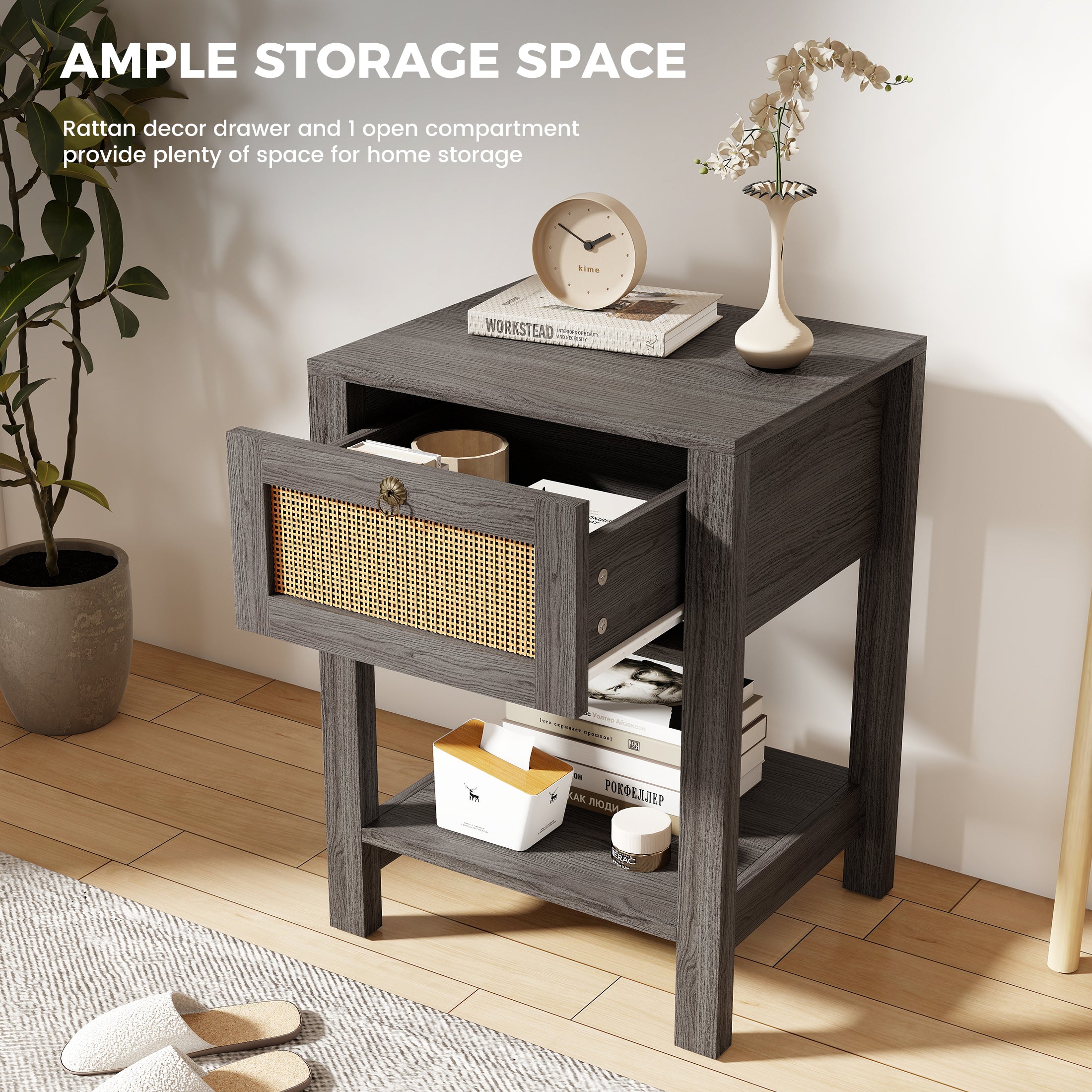 2 Wooden Nightstand with Rattan Drawer & Open Shelf Storage
