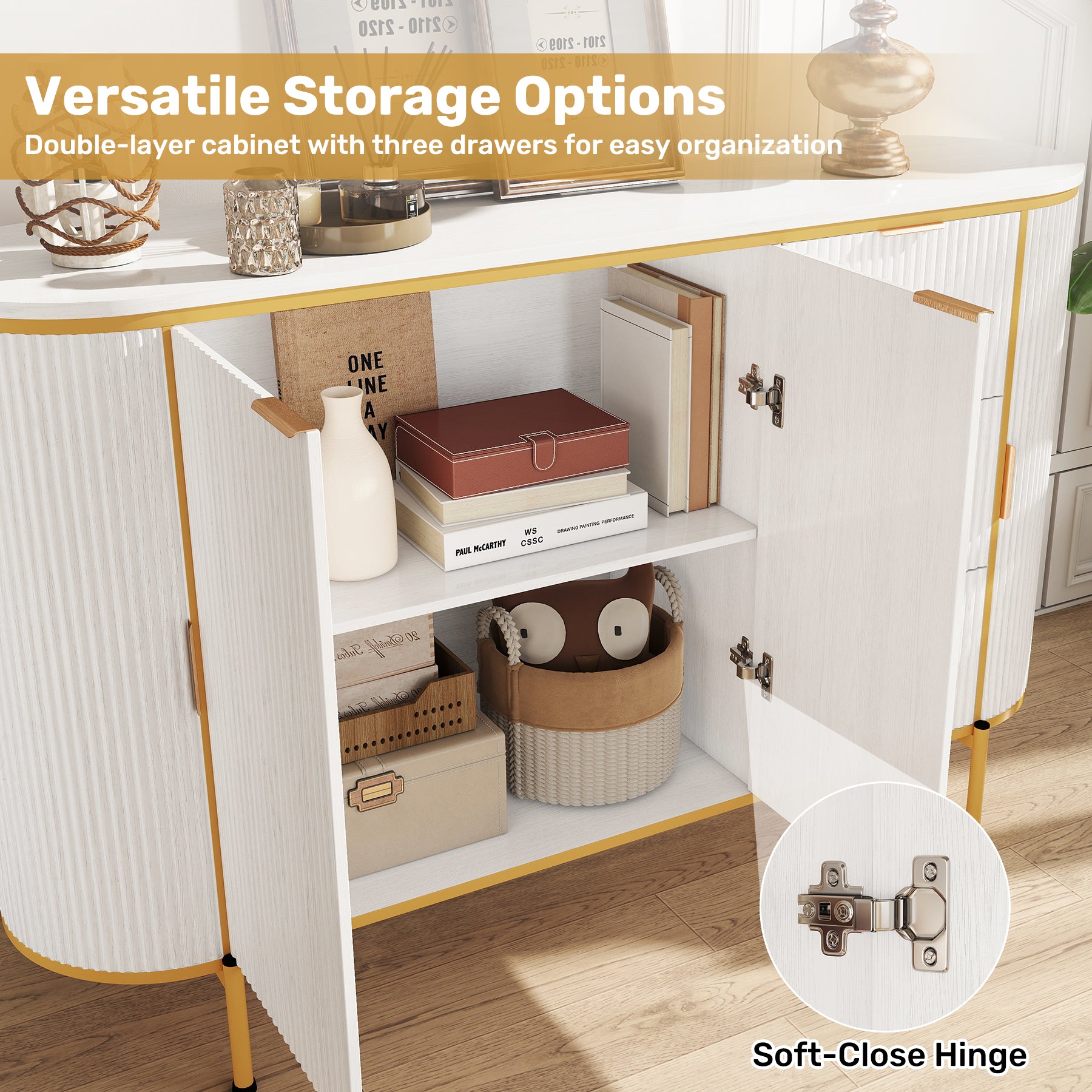 Curved Fluted Accent Cabinet with Gold Trim – 2 Door Storage Cabinet with Drawers