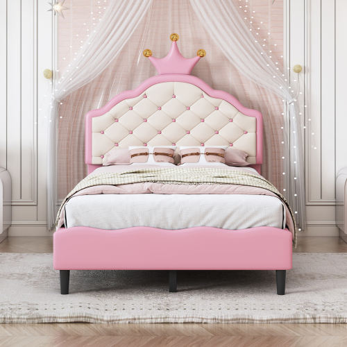 Princess Crown Full Bed – Pink & Cream Tufted Headboard