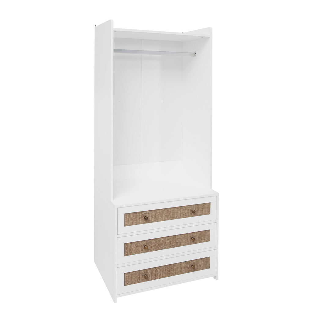 Modern White Solid Wood Wardrobe Cabinet with Drawer and Hanging Rod