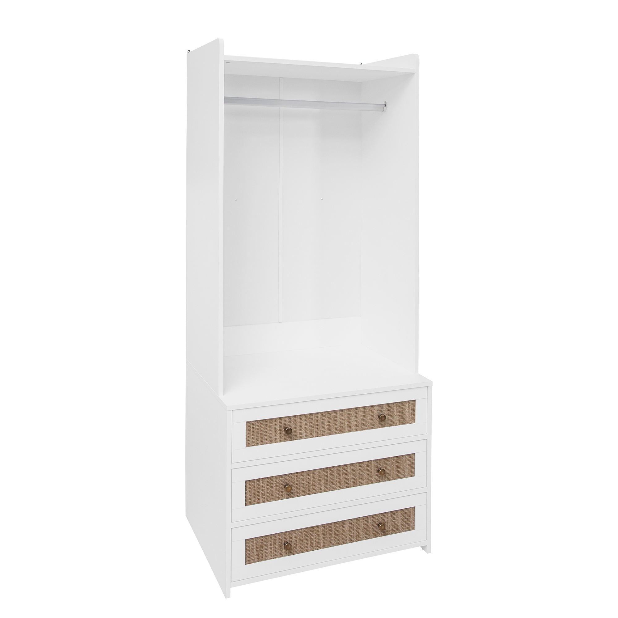 Modern White Solid Wood Wardrobe Cabinet with Drawer and Hanging Rod