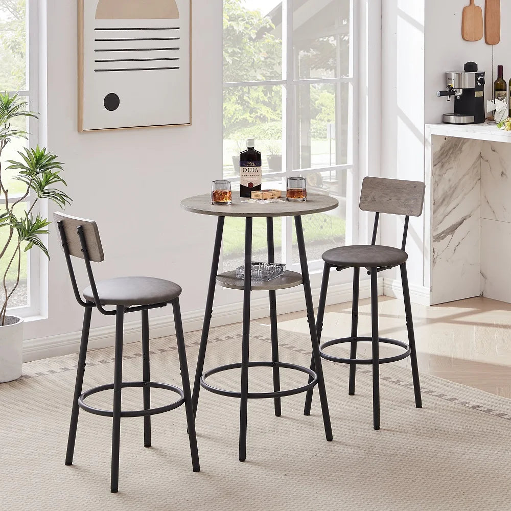 3-Piece Rustic Bar Table Set with 2 Stools – Round Pub Table with Storage Shelf