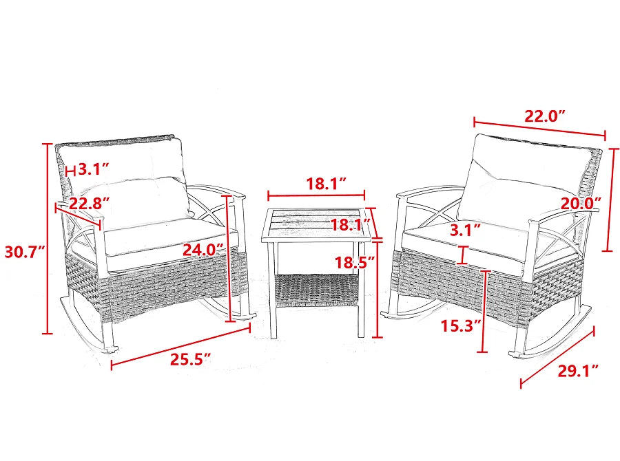 3-Piece Modern Outdoor Rocking Chair Set with Table – Grey