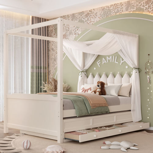 Twin Princess Canopy Bed Frame with Trundle & Storage Drawers