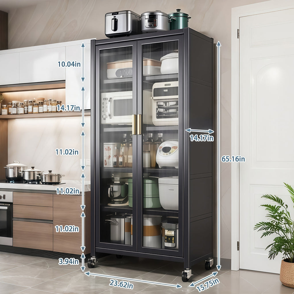 Tall Kitchen Pantry Cabinet with Glass Doors – 6-Tier Storage (Gray