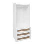 Modern White Solid Wood Wardrobe Cabinet with Drawer and Hanging Rod