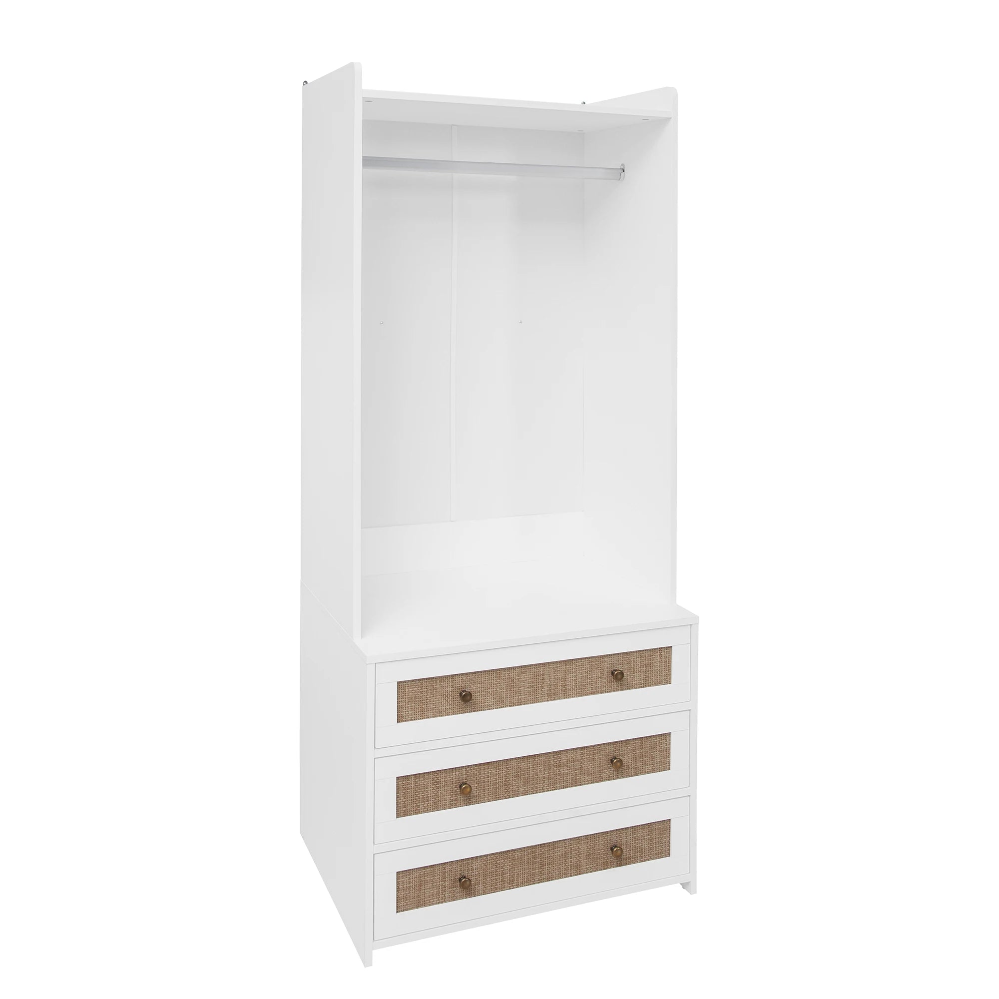 Modern White Solid Wood Wardrobe Cabinet with Drawer and Hanging Rod