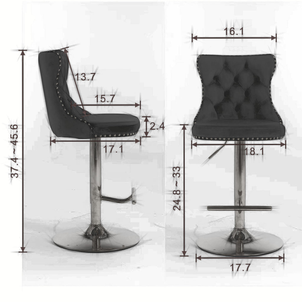 Black Velvet Bar Stools (Set of 2) – Tufted Chairs with Gold Base