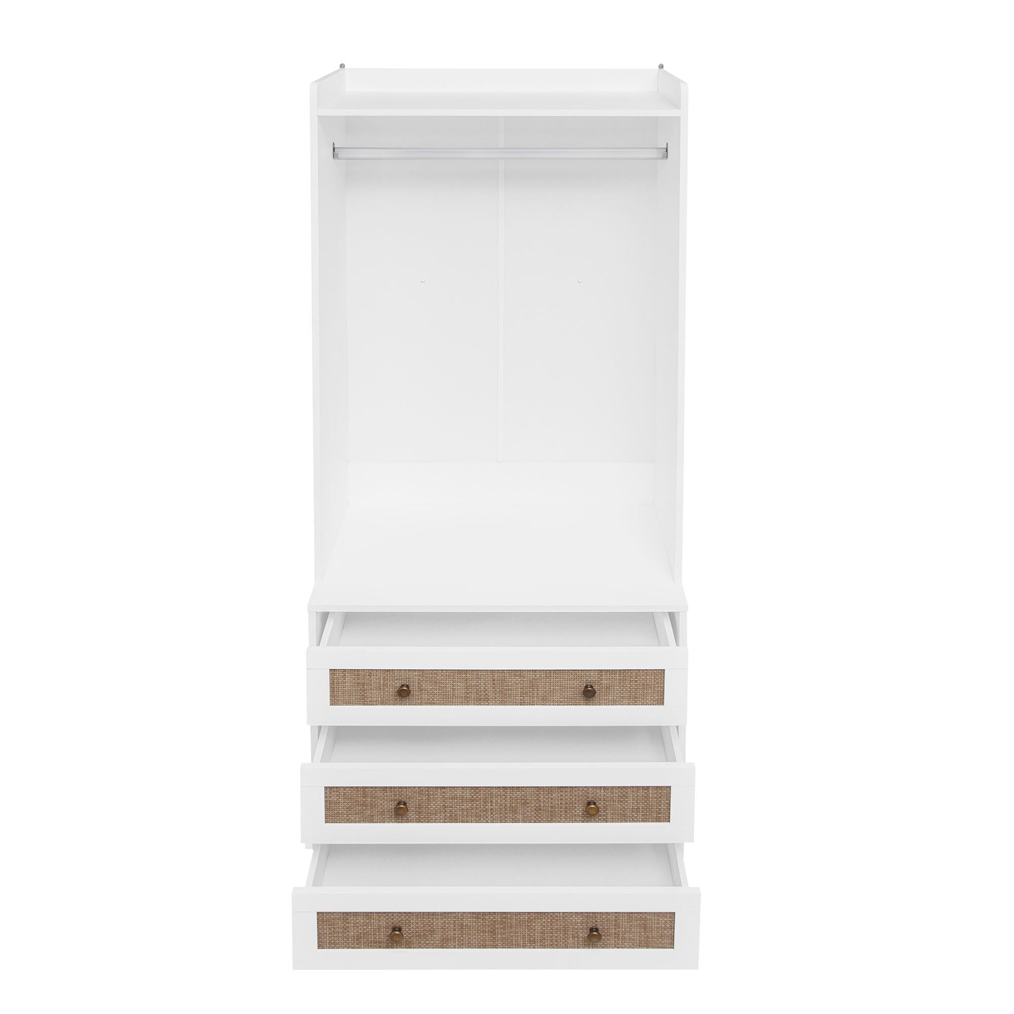 Modern White Solid Wood Wardrobe Cabinet with Drawer and Hanging Rod