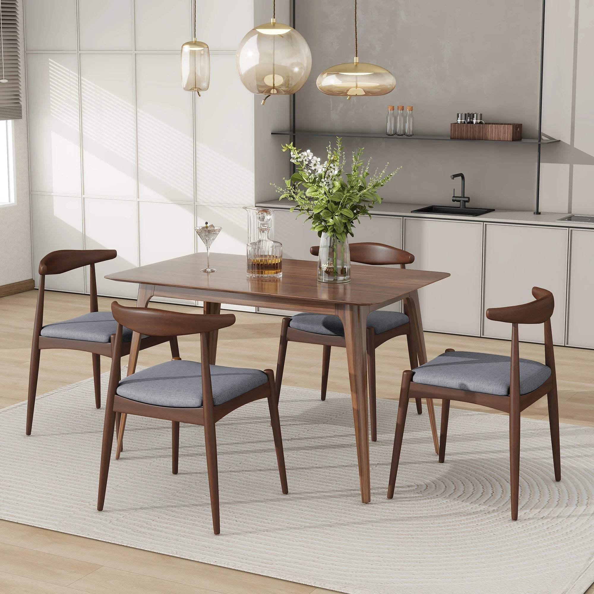 Modern Dining Table Set with 4 Chairs – Walnut Finish