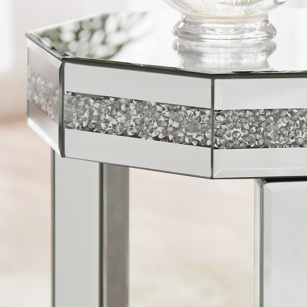 Crystal Trim Mirrored End Table – Elegant Octagon Accent Table