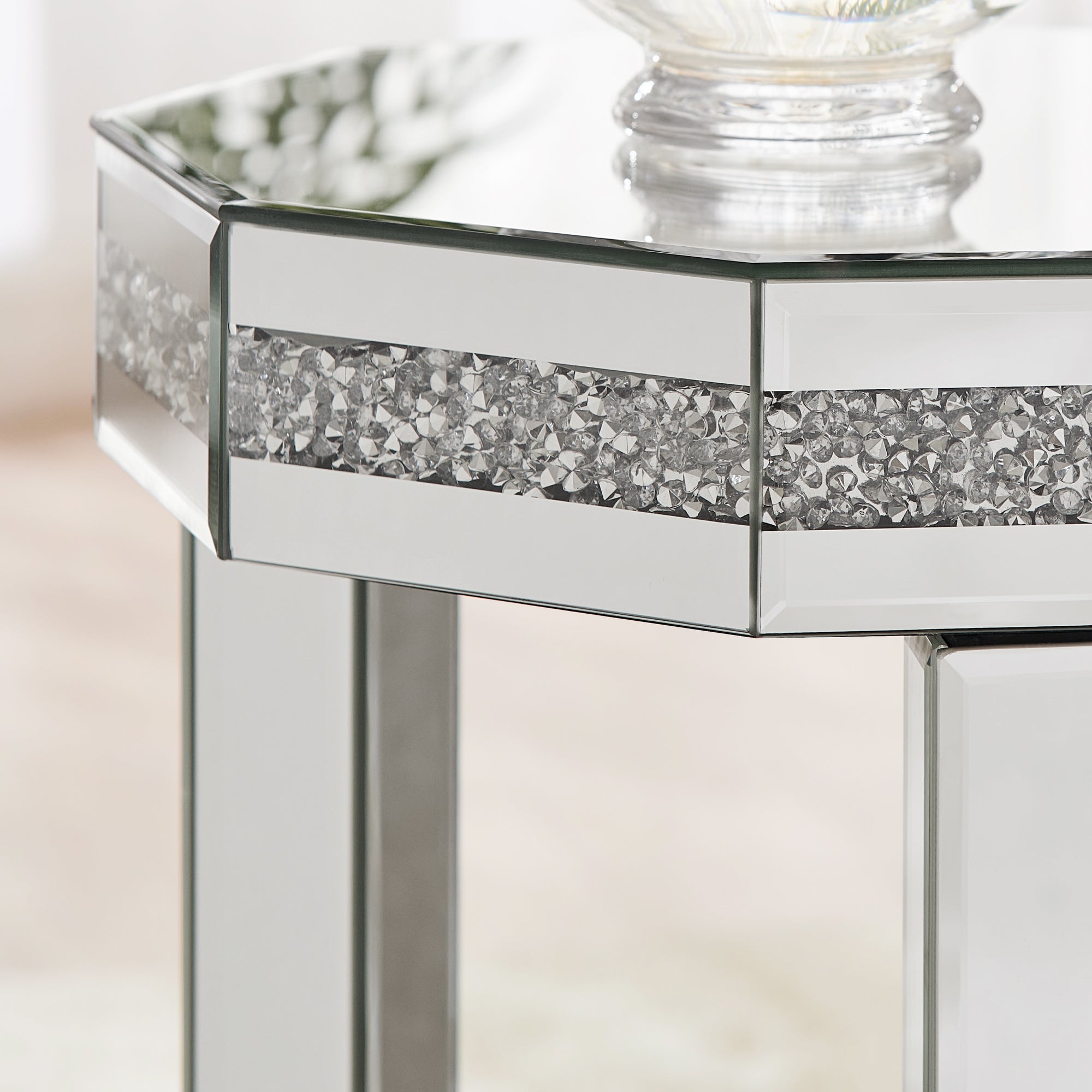 Crystal Trim Mirrored End Table – Elegant Octagon Accent Table