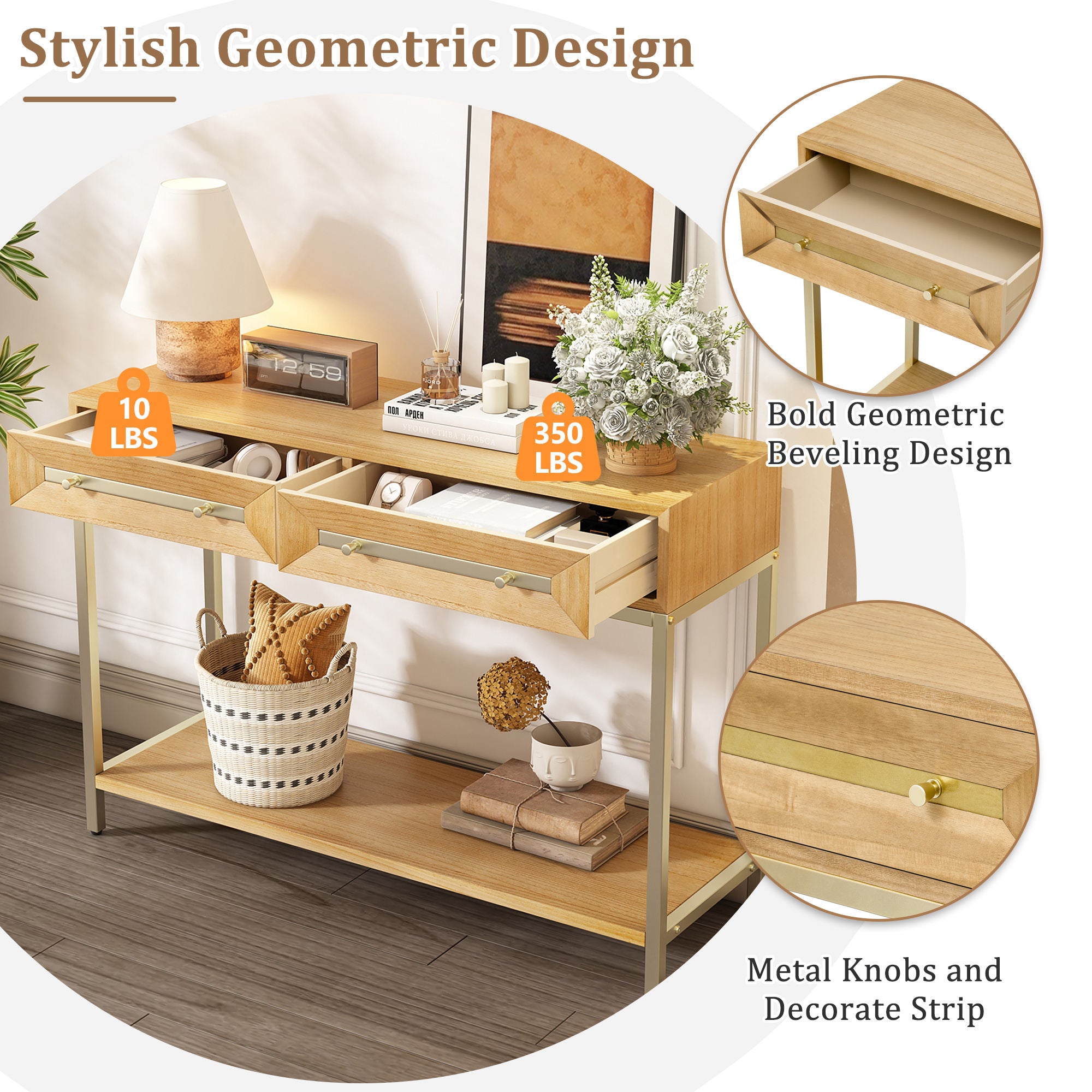 Wood Entryway Console Table with Drawers – Natural Finish Hallway Table
