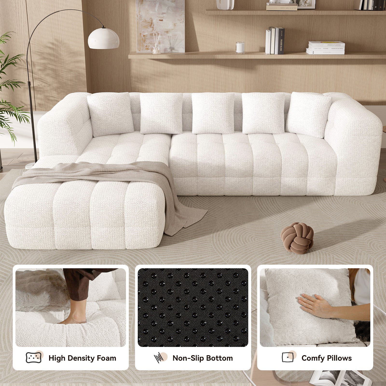 Oversized Chenille Cloud Sectional Sofa – Boneless L-Shaped Deep Seat Couch